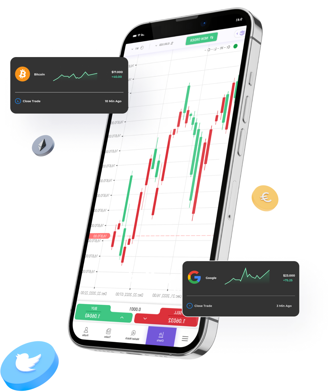 phone with trading chart and user transactions